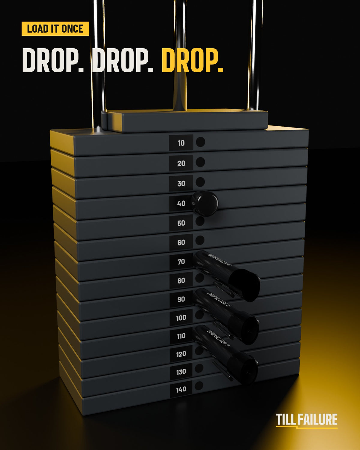 Weight stack loaded with three Dropsetters and a regular pin